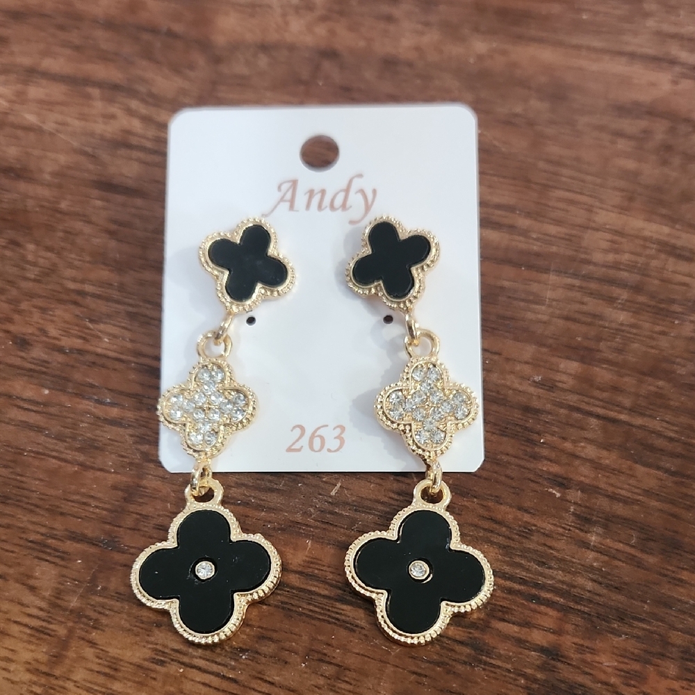 Black and Gold Clover Drop Earrings